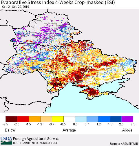 Ukraine, Moldova and Belarus Evaporative Stress Index (ESI), 4-Weeks over Croplands Thematic Map For 10/28/2019 - 11/3/2019