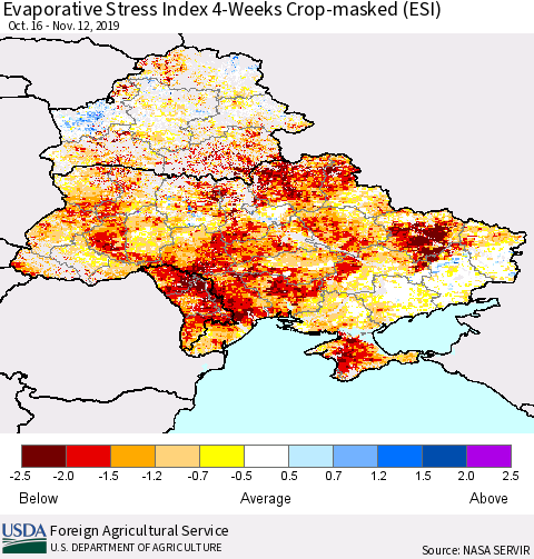Ukraine, Moldova and Belarus Evaporative Stress Index (ESI), 4-Weeks over Croplands Thematic Map For 11/11/2019 - 11/17/2019