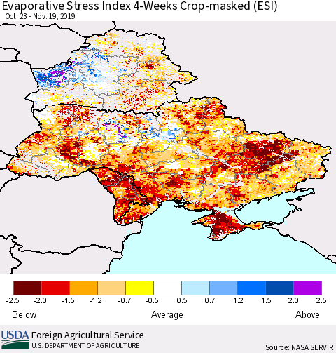 Ukraine, Moldova and Belarus Evaporative Stress Index (ESI), 4-Weeks over Croplands Thematic Map For 11/18/2019 - 11/24/2019