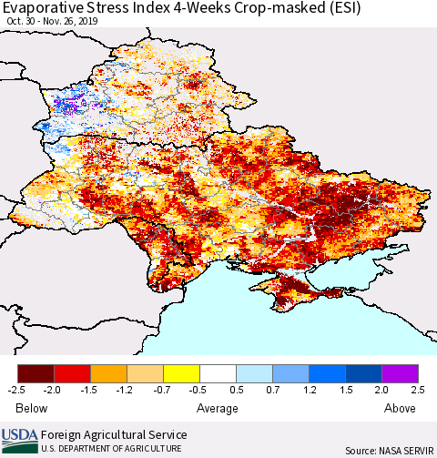 Ukraine, Moldova and Belarus Evaporative Stress Index (ESI), 4-Weeks over Croplands Thematic Map For 11/25/2019 - 12/1/2019