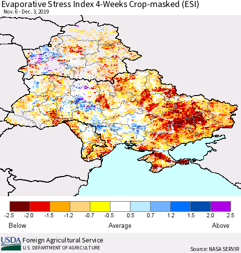Ukraine, Moldova and Belarus Evaporative Stress Index (ESI), 4-Weeks over Croplands Thematic Map For 12/2/2019 - 12/8/2019