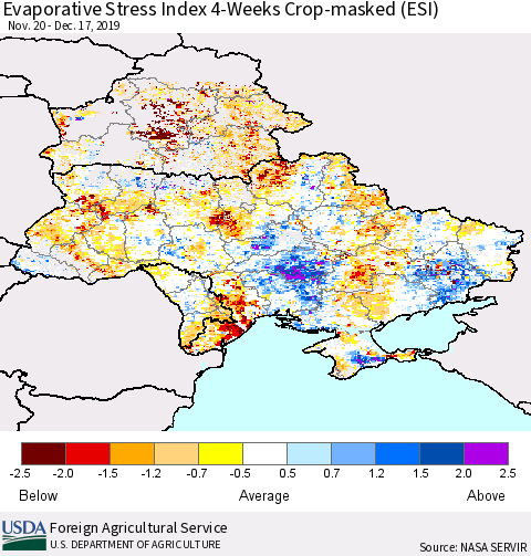 Ukraine, Moldova and Belarus Evaporative Stress Index (ESI), 4-Weeks over Croplands Thematic Map For 12/16/2019 - 12/22/2019