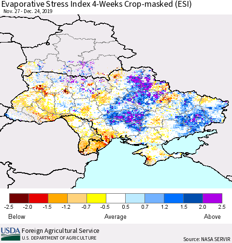 Ukraine, Moldova and Belarus Evaporative Stress Index (ESI), 4-Weeks over Croplands Thematic Map For 12/23/2019 - 12/29/2019