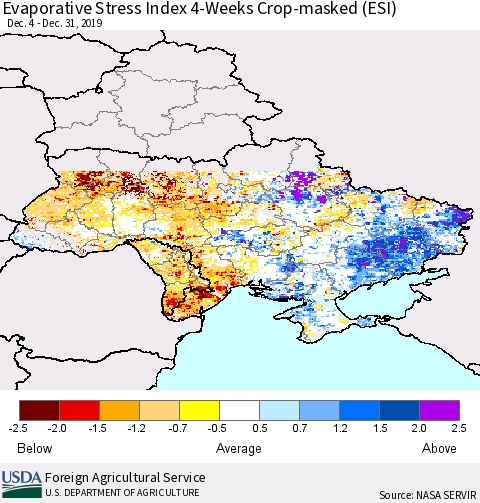 Ukraine, Moldova and Belarus Evaporative Stress Index (ESI), 4-Weeks over Croplands Thematic Map For 12/30/2019 - 1/5/2020