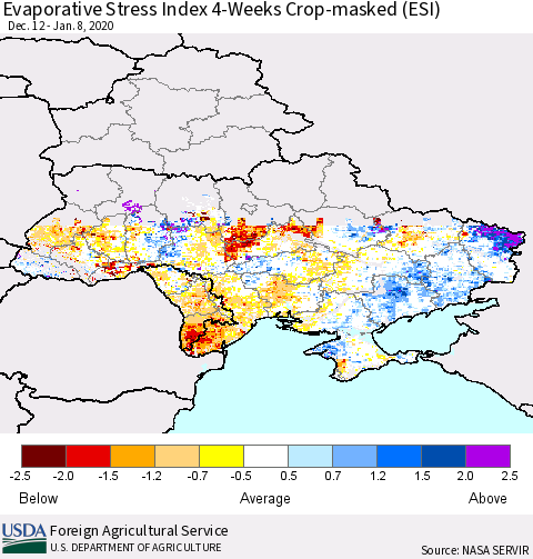 Ukraine, Moldova and Belarus Evaporative Stress Index (ESI), 4-Weeks over Croplands Thematic Map For 1/6/2020 - 1/12/2020