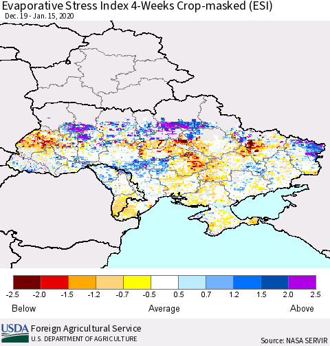 Ukraine, Moldova and Belarus Evaporative Stress Index (ESI), 4-Weeks over Croplands Thematic Map For 1/13/2020 - 1/19/2020