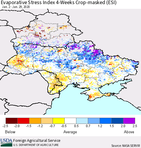 Ukraine, Moldova and Belarus Evaporative Stress Index (ESI), 4-Weeks over Croplands Thematic Map For 1/27/2020 - 2/2/2020