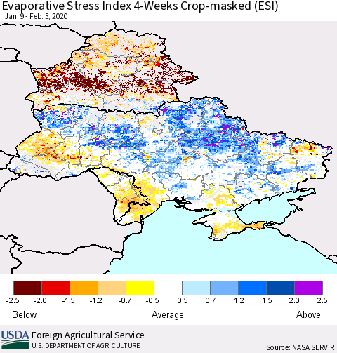 Ukraine, Moldova and Belarus Evaporative Stress Index (ESI), 4-Weeks over Croplands Thematic Map For 2/3/2020 - 2/9/2020