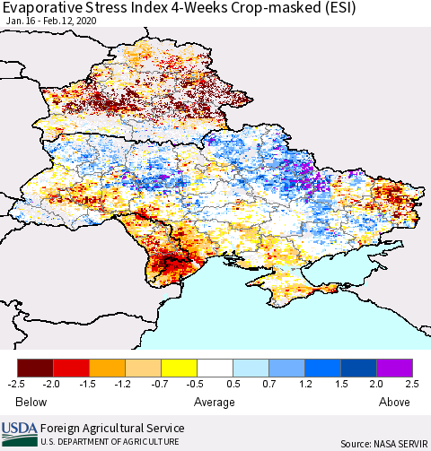 Ukraine, Moldova and Belarus Evaporative Stress Index (ESI), 4-Weeks over Croplands Thematic Map For 2/10/2020 - 2/16/2020