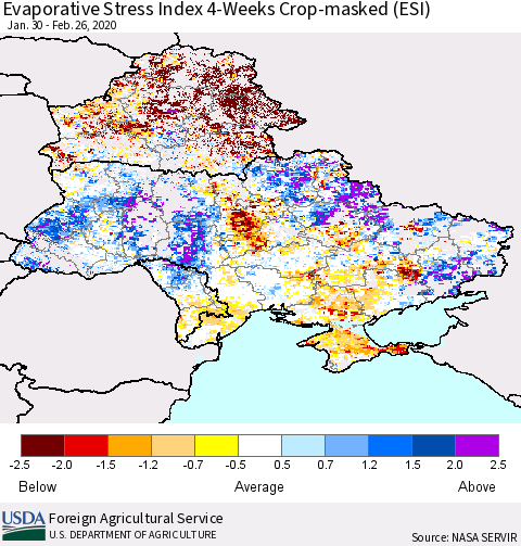 Ukraine, Moldova and Belarus Evaporative Stress Index (ESI), 4-Weeks over Croplands Thematic Map For 2/24/2020 - 3/1/2020