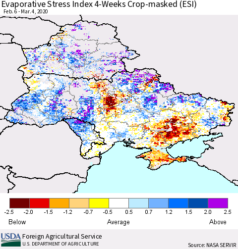 Ukraine, Moldova and Belarus Evaporative Stress Index (ESI), 4-Weeks over Croplands Thematic Map For 3/2/2020 - 3/8/2020