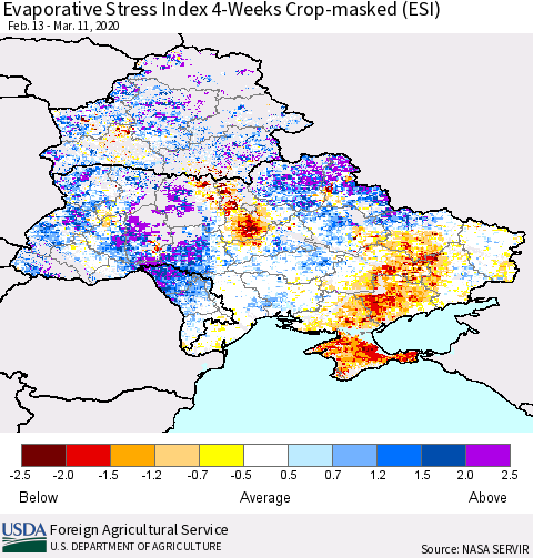 Ukraine, Moldova and Belarus Evaporative Stress Index (ESI), 4-Weeks over Croplands Thematic Map For 3/9/2020 - 3/15/2020