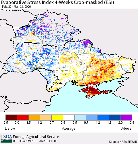 Ukraine, Moldova and Belarus Evaporative Stress Index (ESI), 4-Weeks over Croplands Thematic Map For 3/16/2020 - 3/22/2020