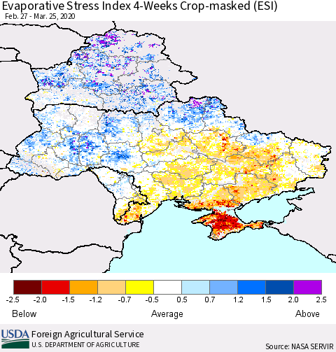 Ukraine, Moldova and Belarus Evaporative Stress Index (ESI), 4-Weeks over Croplands Thematic Map For 3/23/2020 - 3/29/2020