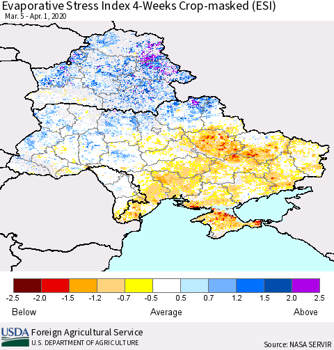 Ukraine, Moldova and Belarus Evaporative Stress Index (ESI), 4-Weeks over Croplands Thematic Map For 3/30/2020 - 4/5/2020