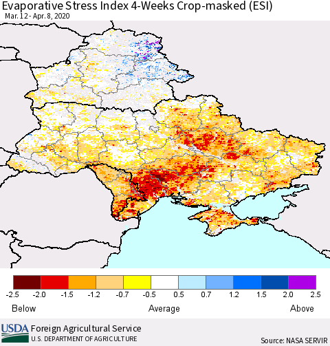 Ukraine, Moldova and Belarus Evaporative Stress Index (ESI), 4-Weeks over Croplands Thematic Map For 4/6/2020 - 4/12/2020