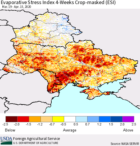 Ukraine, Moldova and Belarus Evaporative Stress Index (ESI), 4-Weeks over Croplands Thematic Map For 4/13/2020 - 4/19/2020