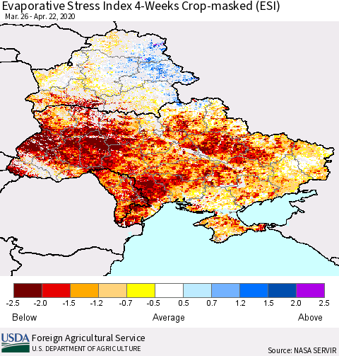 Ukraine, Moldova and Belarus Evaporative Stress Index (ESI), 4-Weeks over Croplands Thematic Map For 4/20/2020 - 4/26/2020