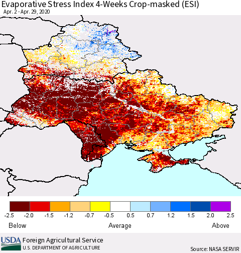 Ukraine, Moldova and Belarus Evaporative Stress Index (ESI), 4-Weeks over Croplands Thematic Map For 4/27/2020 - 5/3/2020
