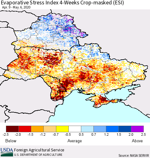 Ukraine, Moldova and Belarus Evaporative Stress Index (ESI), 4-Weeks over Croplands Thematic Map For 5/4/2020 - 5/10/2020