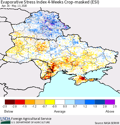 Ukraine, Moldova and Belarus Evaporative Stress Index (ESI), 4-Weeks over Croplands Thematic Map For 5/11/2020 - 5/17/2020