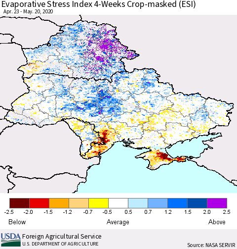 Ukraine, Moldova and Belarus Evaporative Stress Index (ESI), 4-Weeks over Croplands Thematic Map For 5/18/2020 - 5/24/2020