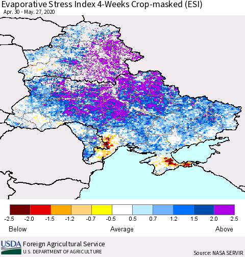 Ukraine, Moldova and Belarus Evaporative Stress Index (ESI), 4-Weeks over Croplands Thematic Map For 5/25/2020 - 5/31/2020