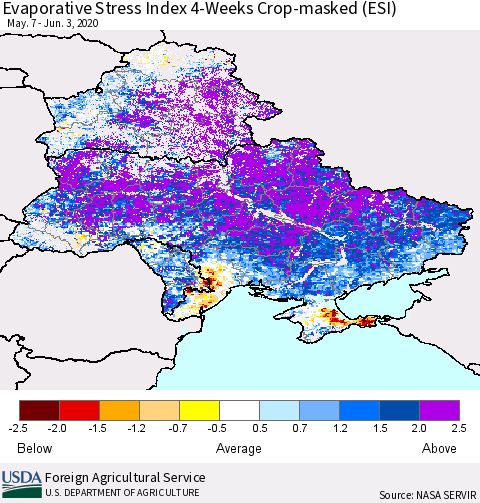 Ukraine, Moldova and Belarus Evaporative Stress Index (ESI), 4-Weeks over Croplands Thematic Map For 6/1/2020 - 6/7/2020