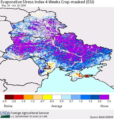 Ukraine, Moldova and Belarus Evaporative Stress Index (ESI), 4-Weeks over Croplands Thematic Map For 6/8/2020 - 6/14/2020