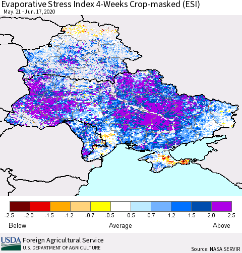 Ukraine, Moldova and Belarus Evaporative Stress Index (ESI), 4-Weeks over Croplands Thematic Map For 6/15/2020 - 6/21/2020