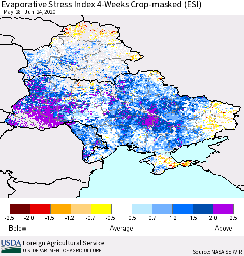 Ukraine, Moldova and Belarus Evaporative Stress Index (ESI), 4-Weeks over Croplands Thematic Map For 6/22/2020 - 6/28/2020