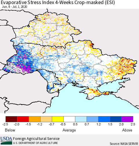 Ukraine, Moldova and Belarus Evaporative Stress Index (ESI), 4-Weeks over Croplands Thematic Map For 6/29/2020 - 7/5/2020