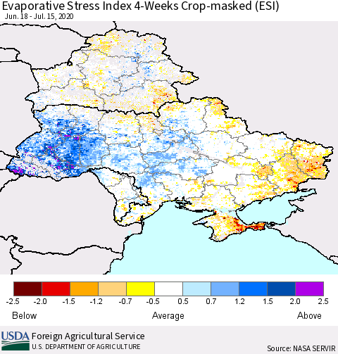 Ukraine, Moldova and Belarus Evaporative Stress Index (ESI), 4-Weeks over Croplands Thematic Map For 7/13/2020 - 7/19/2020