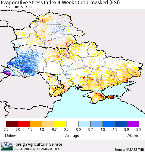 Ukraine, Moldova and Belarus Evaporative Stress Index (ESI), 4-Weeks over Croplands Thematic Map For 7/20/2020 - 7/26/2020