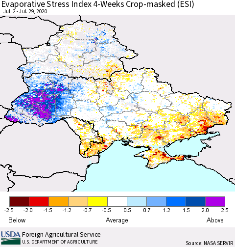 Ukraine, Moldova and Belarus Evaporative Stress Index (ESI), 4-Weeks over Croplands Thematic Map For 7/27/2020 - 8/2/2020