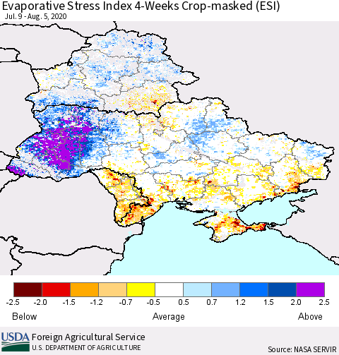 Ukraine, Moldova and Belarus Evaporative Stress Index (ESI), 4-Weeks over Croplands Thematic Map For 8/3/2020 - 8/9/2020