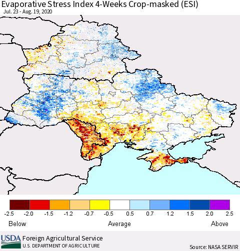 Ukraine, Moldova and Belarus Evaporative Stress Index (ESI), 4-Weeks over Croplands Thematic Map For 8/17/2020 - 8/23/2020