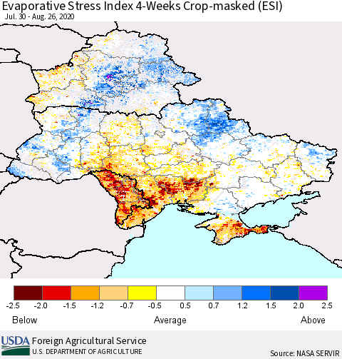 Ukraine, Moldova and Belarus Evaporative Stress Index (ESI), 4-Weeks over Croplands Thematic Map For 8/24/2020 - 8/30/2020