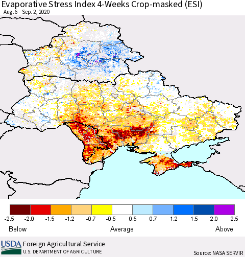 Ukraine, Moldova and Belarus Evaporative Stress Index (ESI), 4-Weeks over Croplands Thematic Map For 8/31/2020 - 9/6/2020