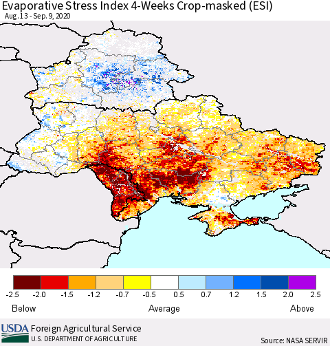 Ukraine, Moldova and Belarus Evaporative Stress Index (ESI), 4-Weeks over Croplands Thematic Map For 9/7/2020 - 9/13/2020
