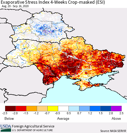 Ukraine, Moldova and Belarus Evaporative Stress Index (ESI), 4-Weeks over Croplands Thematic Map For 9/14/2020 - 9/20/2020