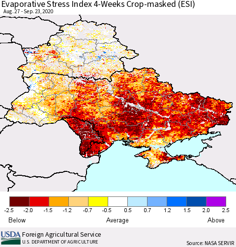 Ukraine, Moldova and Belarus Evaporative Stress Index (ESI), 4-Weeks over Croplands Thematic Map For 9/21/2020 - 9/27/2020
