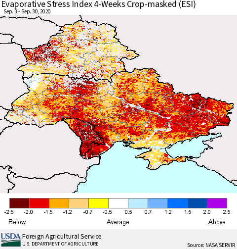 Ukraine, Moldova and Belarus Evaporative Stress Index (ESI), 4-Weeks over Croplands Thematic Map For 9/28/2020 - 10/4/2020