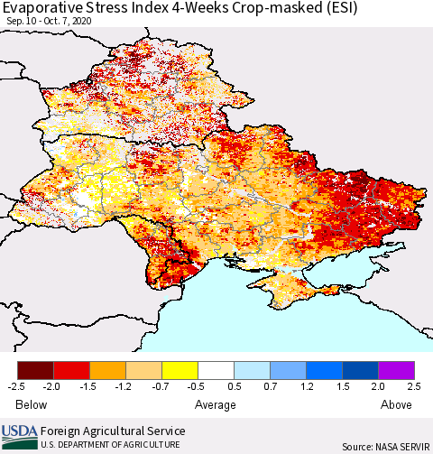 Ukraine, Moldova and Belarus Evaporative Stress Index (ESI), 4-Weeks over Croplands Thematic Map For 10/5/2020 - 10/11/2020