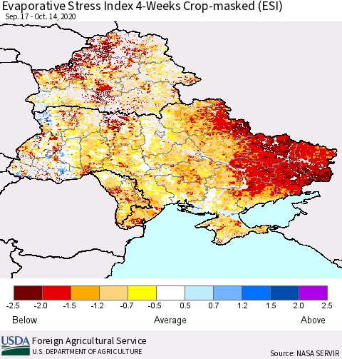 Ukraine, Moldova and Belarus Evaporative Stress Index (ESI), 4-Weeks over Croplands Thematic Map For 10/12/2020 - 10/18/2020