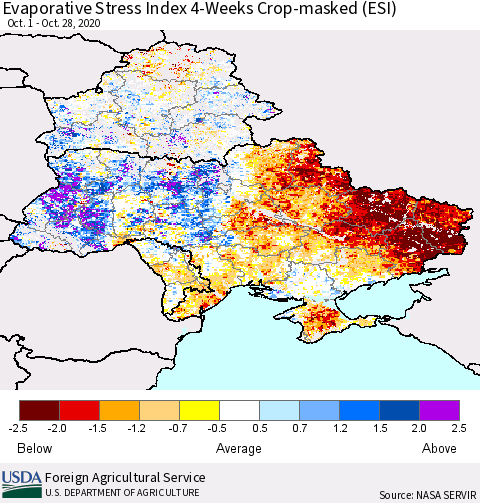 Ukraine, Moldova and Belarus Evaporative Stress Index (ESI), 4-Weeks over Croplands Thematic Map For 10/26/2020 - 11/1/2020