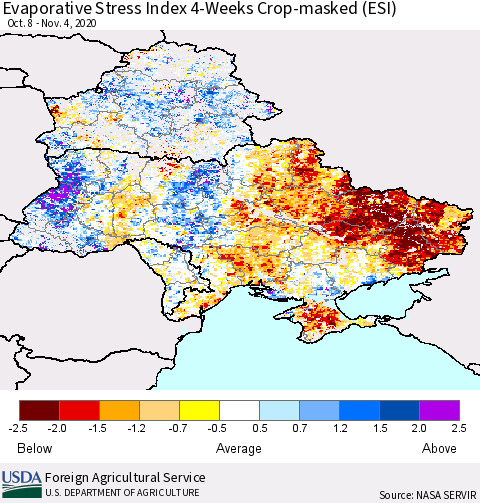 Ukraine, Moldova and Belarus Evaporative Stress Index (ESI), 4-Weeks over Croplands Thematic Map For 11/2/2020 - 11/8/2020