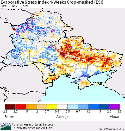 Ukraine, Moldova and Belarus Evaporative Stress Index (ESI), 4-Weeks over Croplands Thematic Map For 11/9/2020 - 11/15/2020