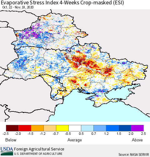 Ukraine, Moldova and Belarus Evaporative Stress Index (ESI), 4-Weeks over Croplands Thematic Map For 11/16/2020 - 11/22/2020