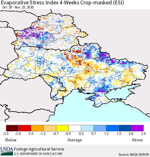 Ukraine, Moldova and Belarus Evaporative Stress Index (ESI), 4-Weeks over Croplands Thematic Map For 11/23/2020 - 11/29/2020